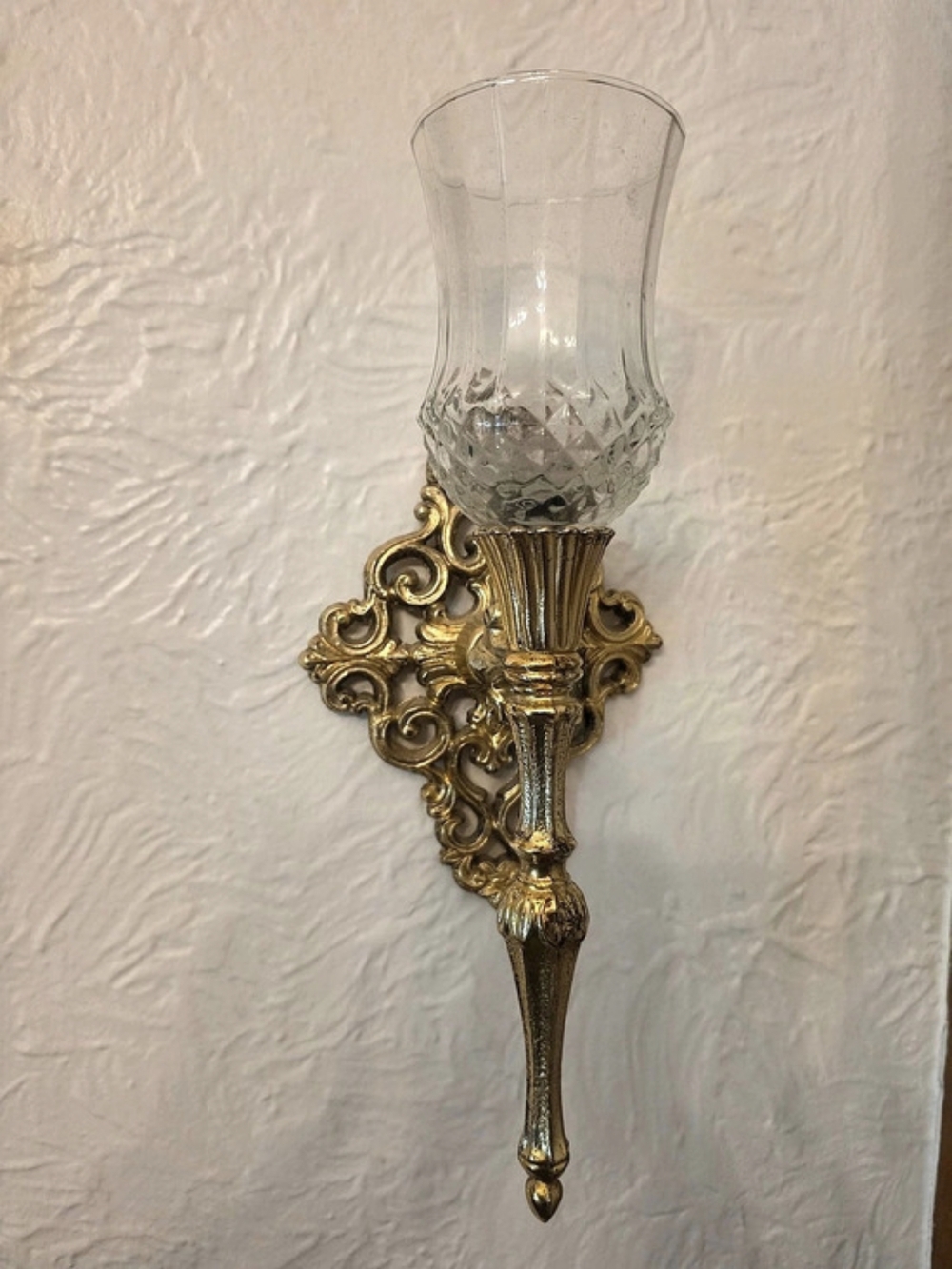 Vintage Ornate Gold & Clear Glass Wall Sconce